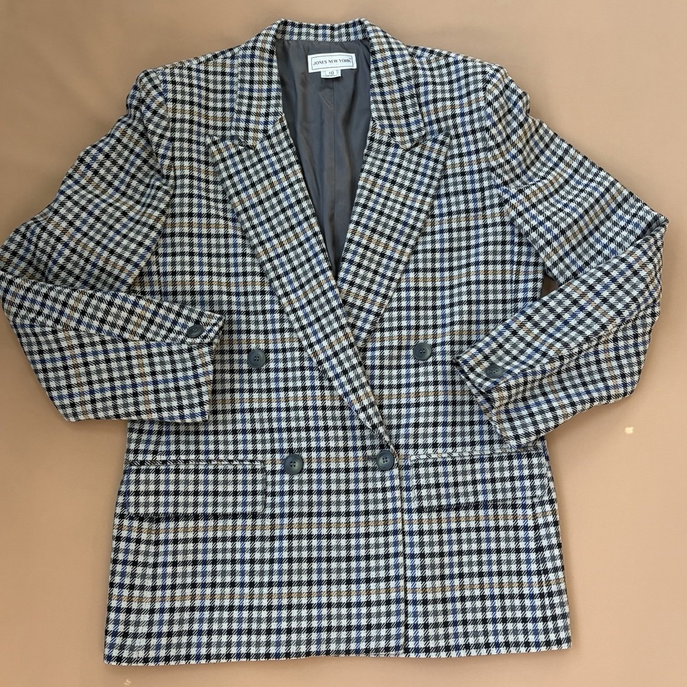 Vintage Plaid Houndstooth Blazer Women 90s‎ Dark Academia Career Wool Size 10